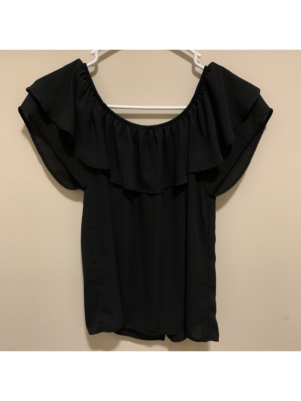 Xhilaration Women's Off Shoulder Blouse Sheer Small Black Open Back Short Sleeve